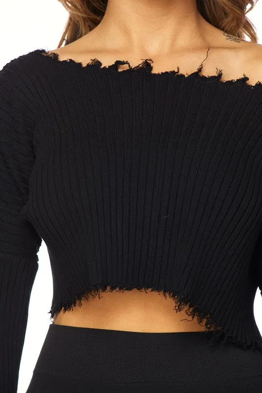 THE MYSTYLEMODE BLACK DISTRESSED LONG SLEEVE CROP TOP SWEATER