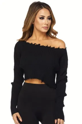 THE MYSTYLEMODE BLACK DISTRESSED LONG SLEEVE CROP TOP SWEATER