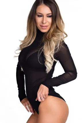 THE MYSTYLEMODE BLACK MESH TURTLENECK BODYSUIT