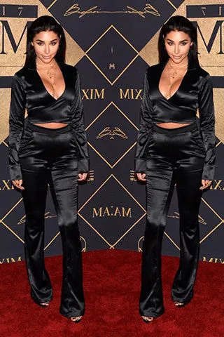 THE MYSTYLEMODE BLACK SATIN TWO PIECE CROP TOP HIGH WAISTED PANT SET