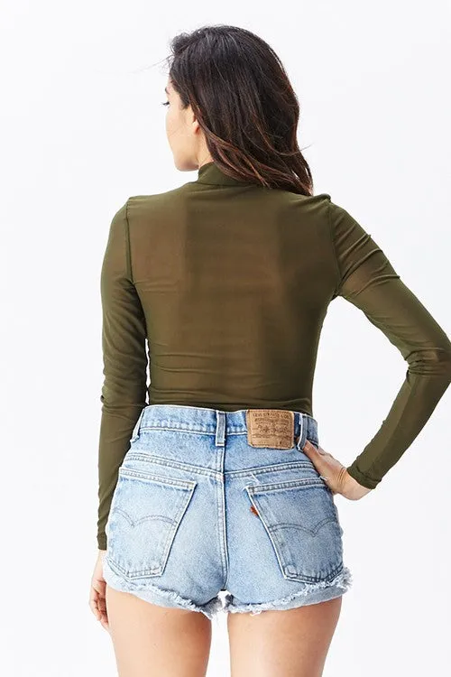 THE MYSTYLEMODE OLIVE MESH TURTLENECK BODYSUIT