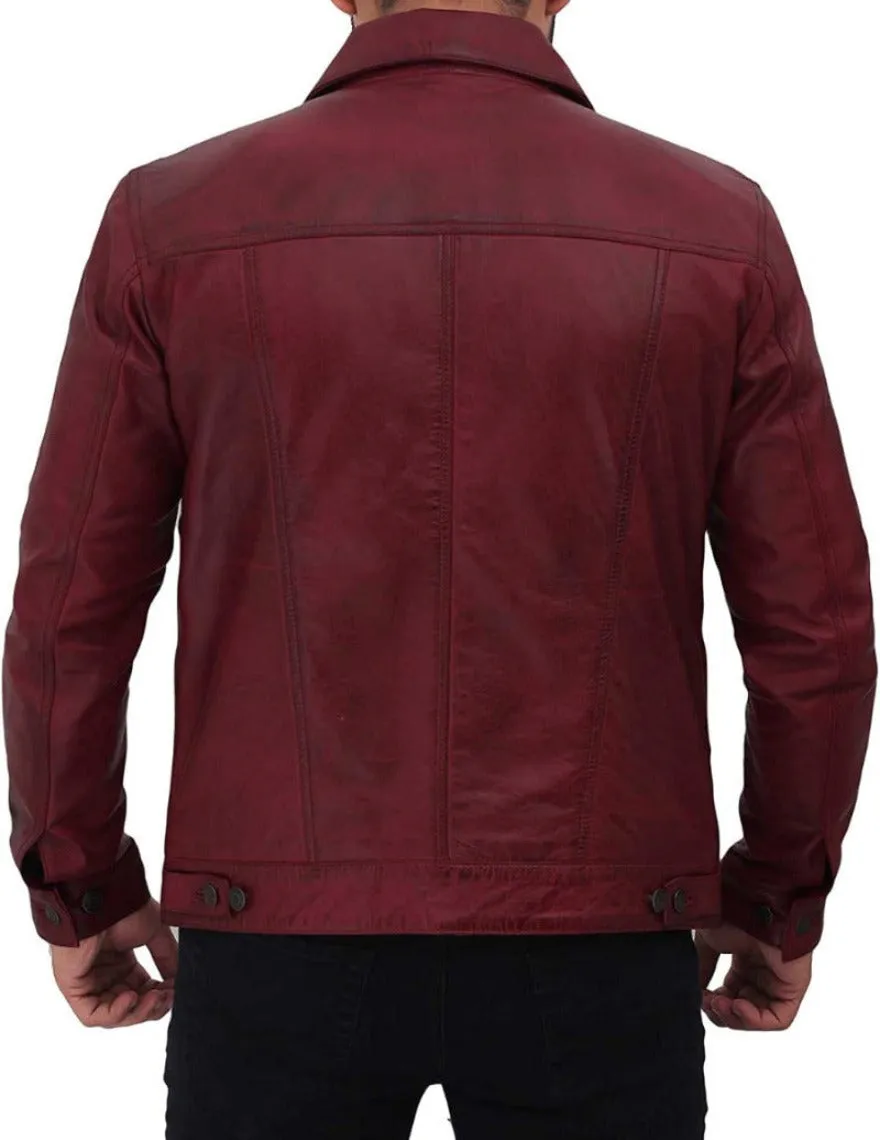 Trucker Leather Jacket Mens | Genuine Nappa Sheepskin Maroon