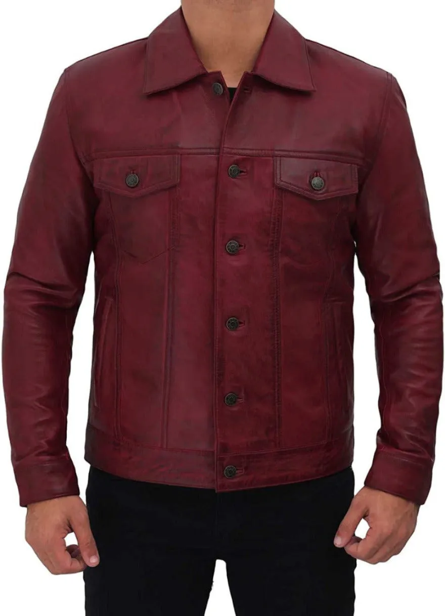 Trucker Leather Jacket Mens | Genuine Nappa Sheepskin Maroon