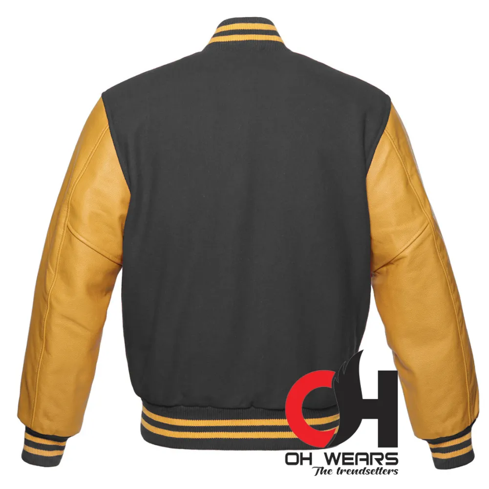 Vintage Varsity Letterman Bomber Jacket in Dark Grey Blend Wool and Genuine Golden Leather Sleeves Jacket, Customize Your Own Varsity Jacket