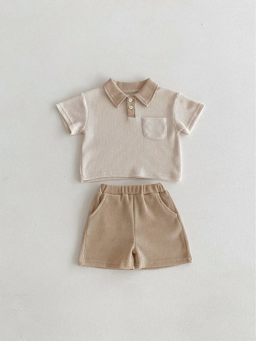 Waffle Polo Shirt & Shorts Two Piece Set