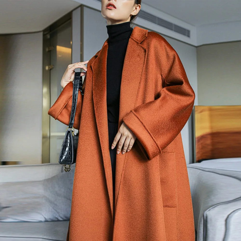 Water Ripple Double-sided Wool Coat For Women Lapel Long Sleeve Lace Up Solid Autumn Winter Coat For Female Fashion