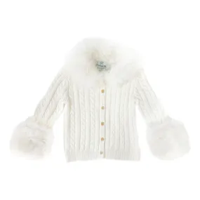 White Cableknit Faux Fur Cotton Cardigan