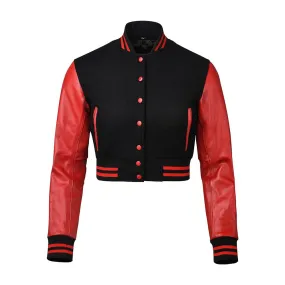 Women's Baseball Red Cropped Slim Fit Varsity Jacket