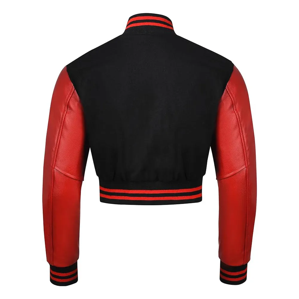 Women's Baseball Red Cropped Slim Fit Varsity Jacket