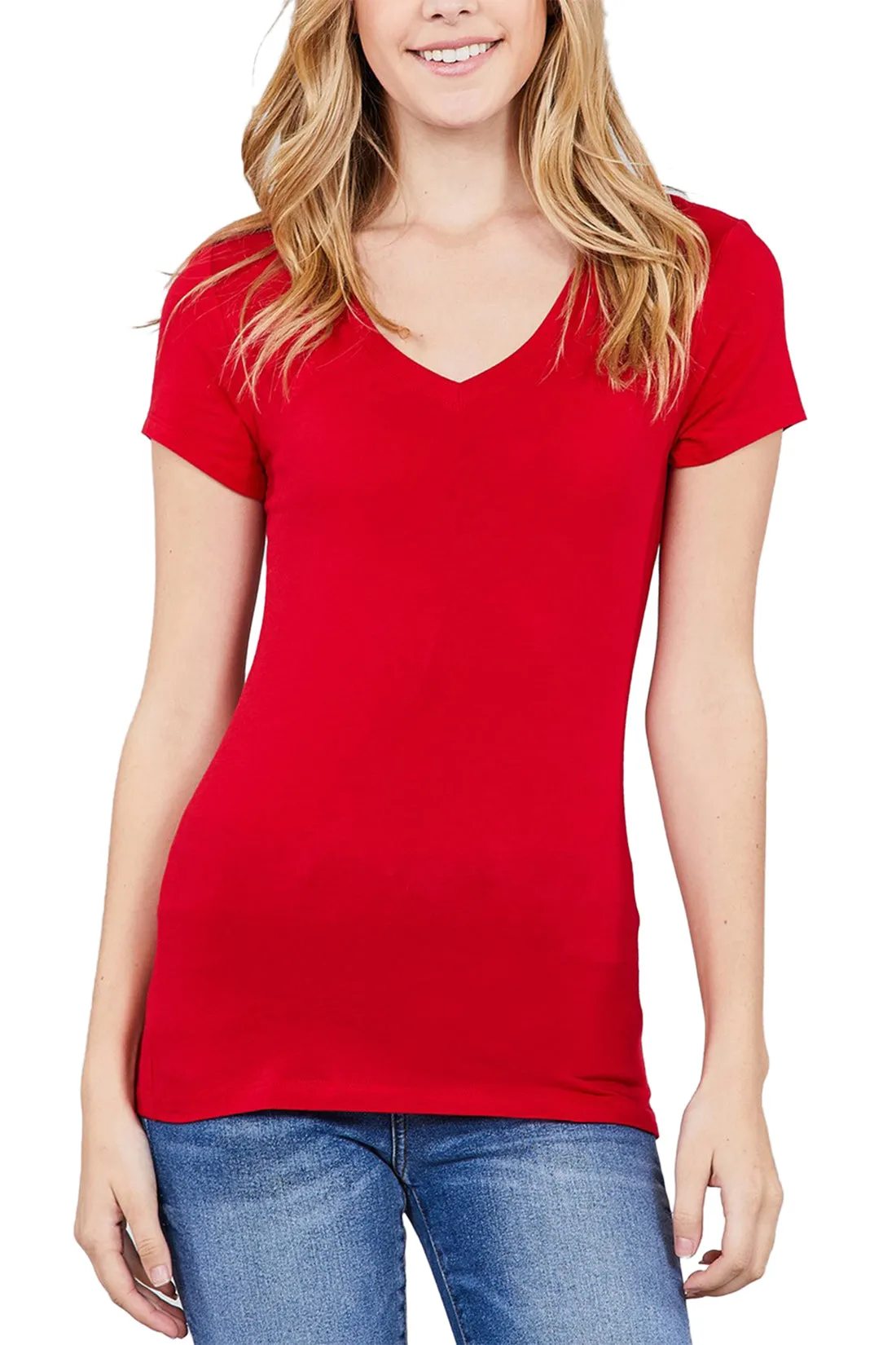 Women's Basic V Neck Solid Fitted Short Sleeve T-Shirt (FWT1001)