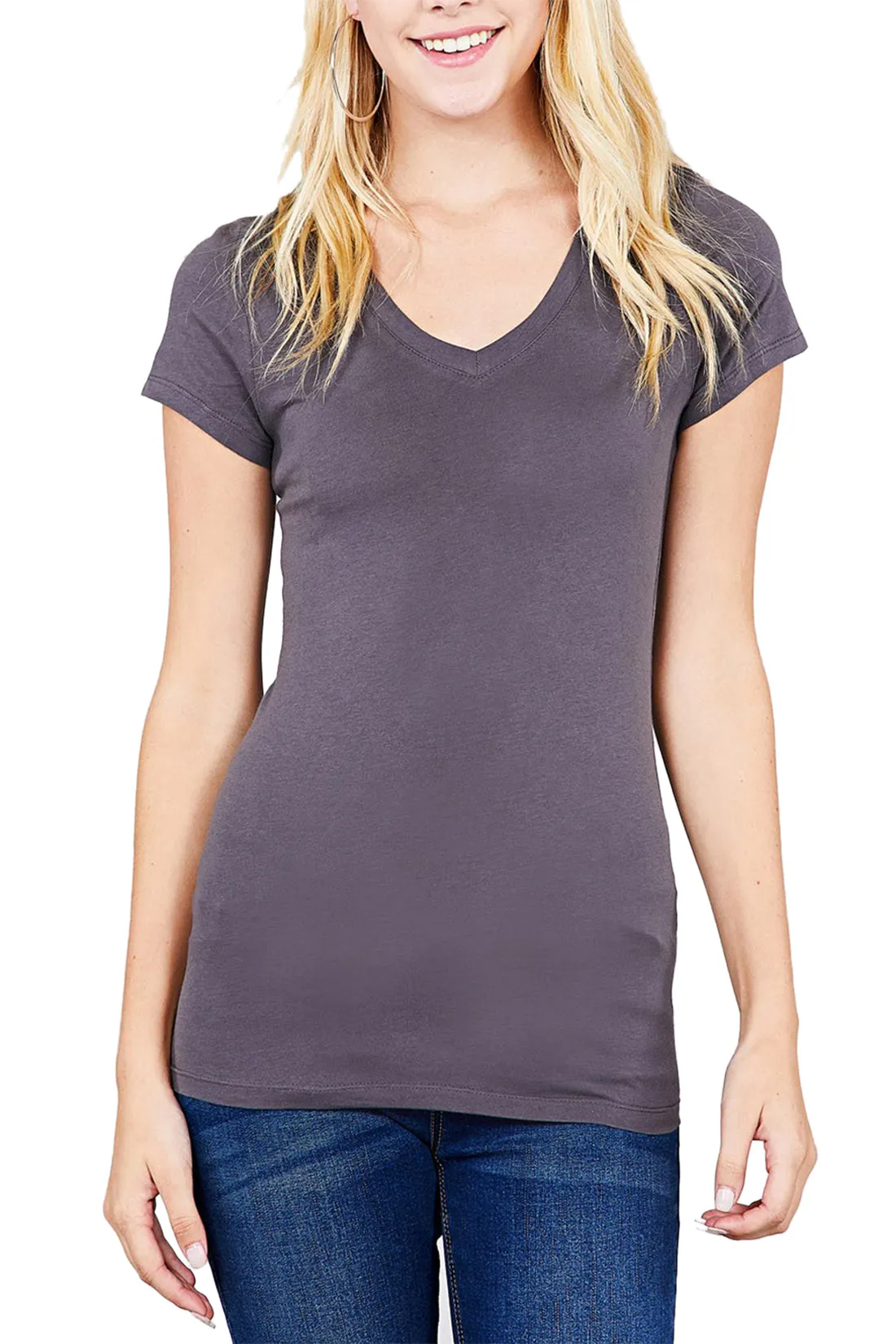 Women's Basic V Neck Solid Fitted Short Sleeve T-Shirt (FWT1001)