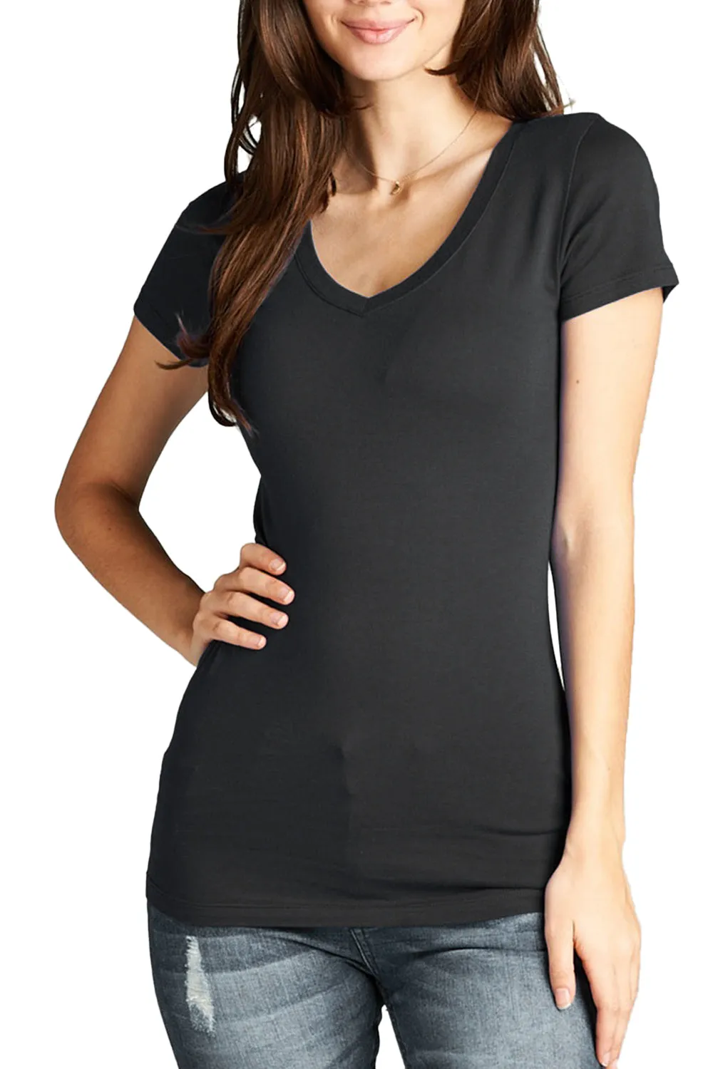 Women's Basic V Neck Solid Fitted Short Sleeve T-Shirt (FWT1001)