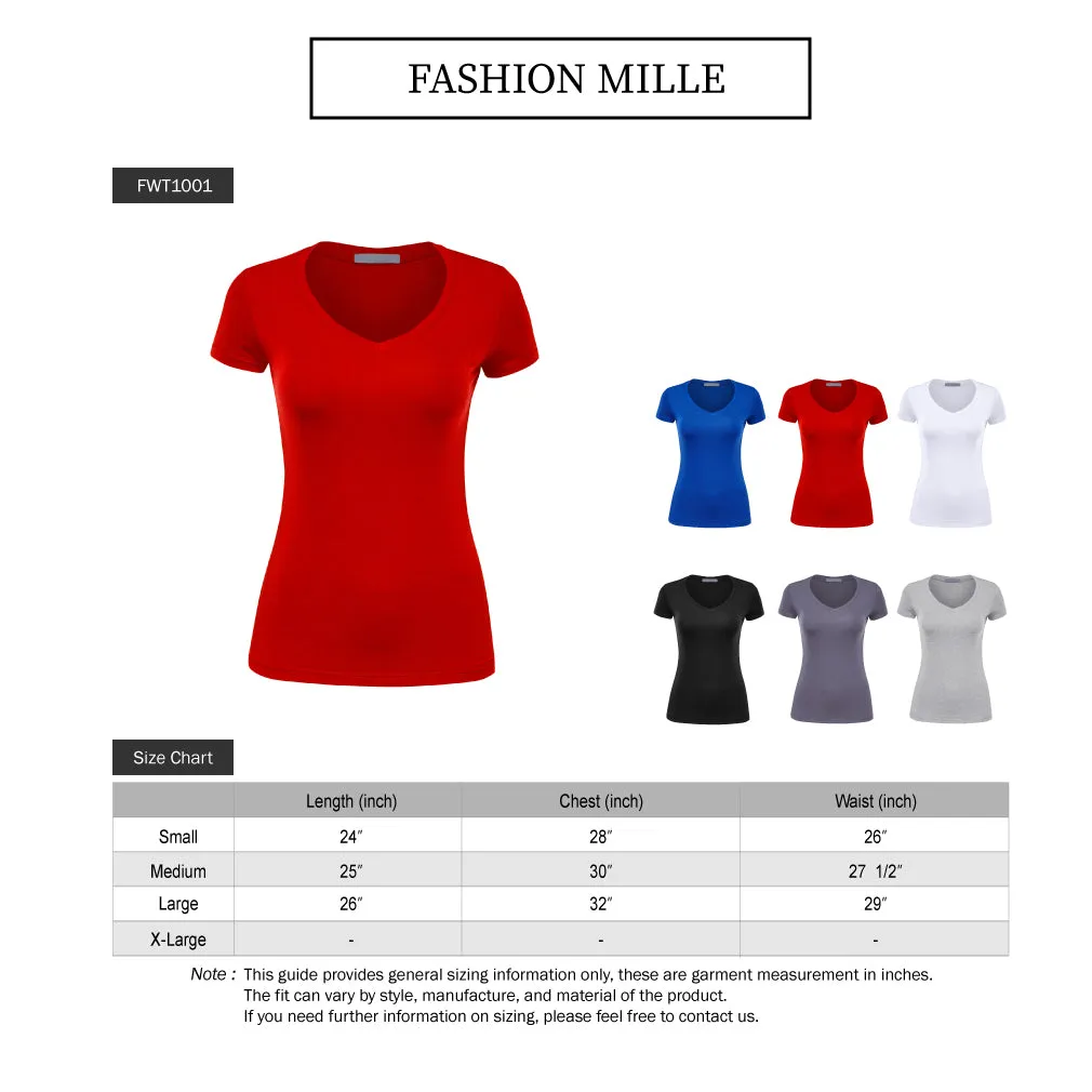 Women's Basic V Neck Solid Fitted Short Sleeve T-Shirt (FWT1001)