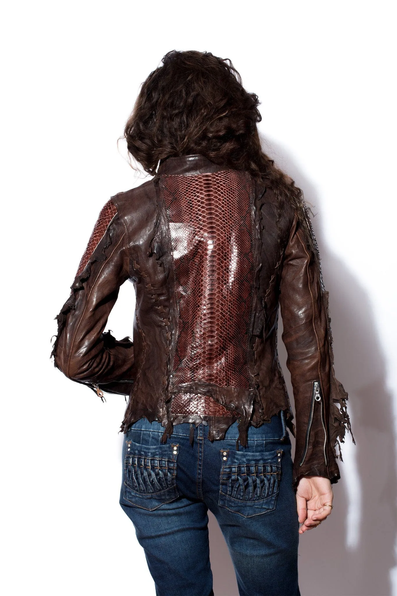 Women's Dark Brown Leather Jacket with Snakeskin Sleeves & Back