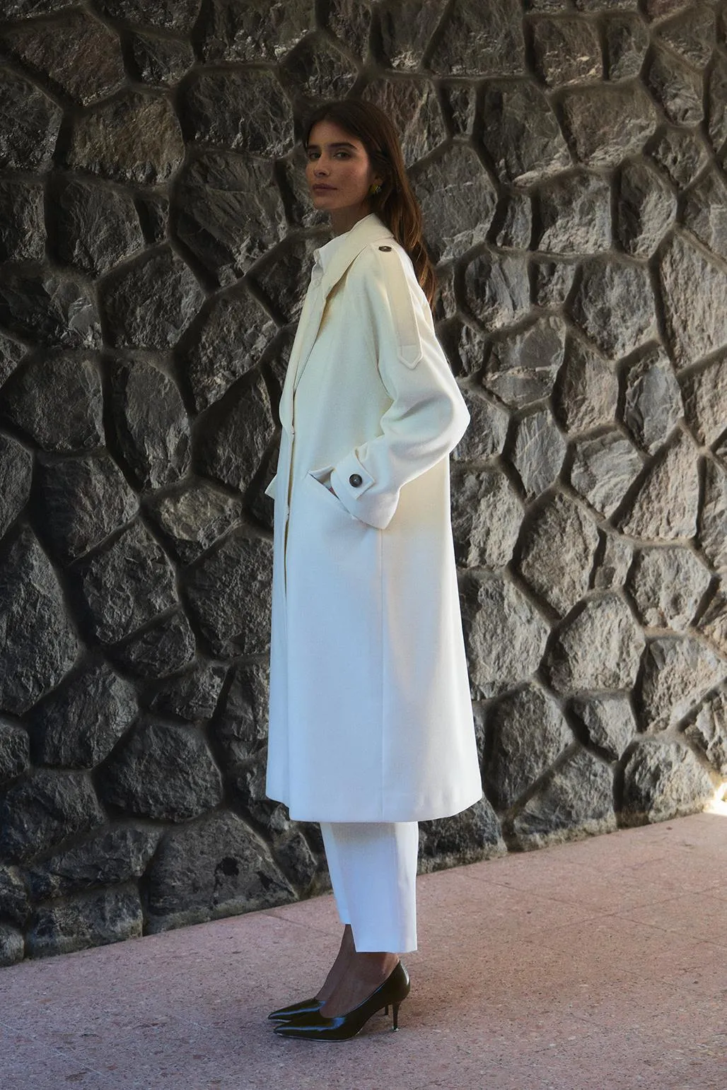 Wool Blend Long Coat Ecru