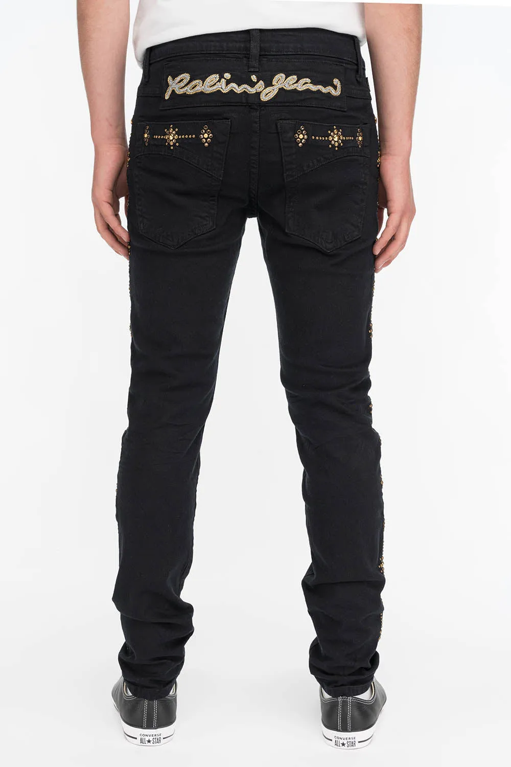 YUMA SKINNY MENS JEANS IN BLACK WITH GUNSLINGER CRYSTAL MOTIF